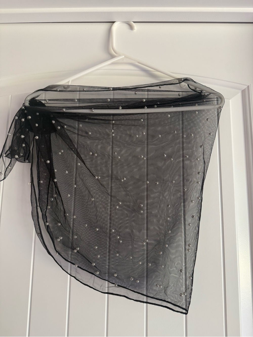 Black Sheer Pearl-Embellished Scarf